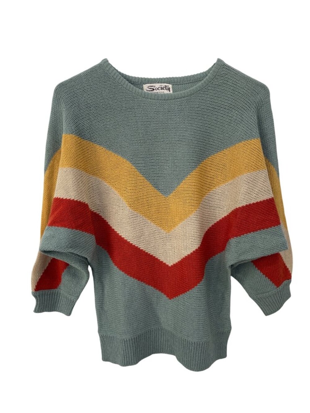 Vintage 90s Society Sweater Small Crewneck Chevron Multicolor Acrylic Cozy Knit